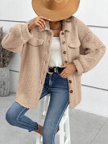 SHEIN Frenchy Thả vai Chi tiết về Flap Áo khoác Teddy - Màu Khaki - Xem 5