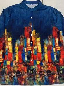 Áo sơ mi Plus Size Nút phía trước Giải trí - Màu xanh hải quân - Xem 3