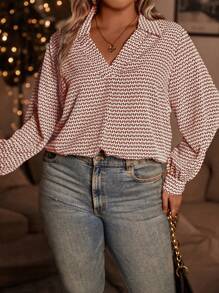 SHEIN LUNE Plus Allover Print Blouse - Red - View 1