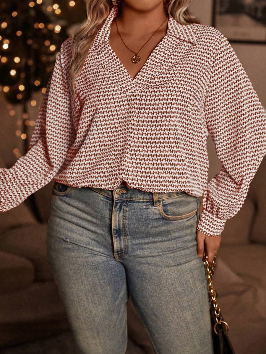 SHEIN LUNE Plus Allover Print Blouse - Red - View 1