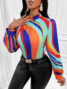 SHEIN Slayr 撞色小高領燈籠袖襯衫 - 寶藍色 - 查看 3