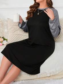 大碼條紋拼接插肩袖睡裙 - 黑色 - 查看 4