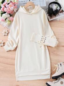 SHEIN Tween Girl Lace Up Front Drop Shoulder Hooded Sweatshirt Dress - Apricot - View 6