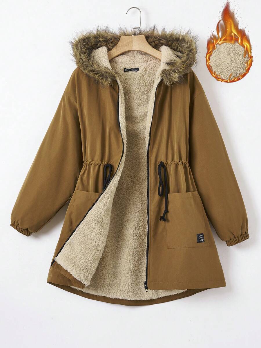 SHEIN EZwear Drawstring Waist Fuzzy Trim Hooded Thermal Lined Drawstring Waist Coat In Fall/Winter - Mocha Brown - View 1