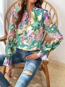 SHEIN VCAY 女士花卉印花領帶襯衫 - 彩色 - 查看 3