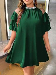 Celure Talla grande Vestido ribete con fruncido de hombros descubiertos - Verde Oscuro - Ver 4