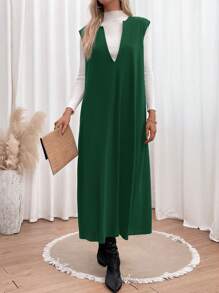 SHEIN LUNE Solid Sleeveless Tunic Dress Without Tee - Green - View 1