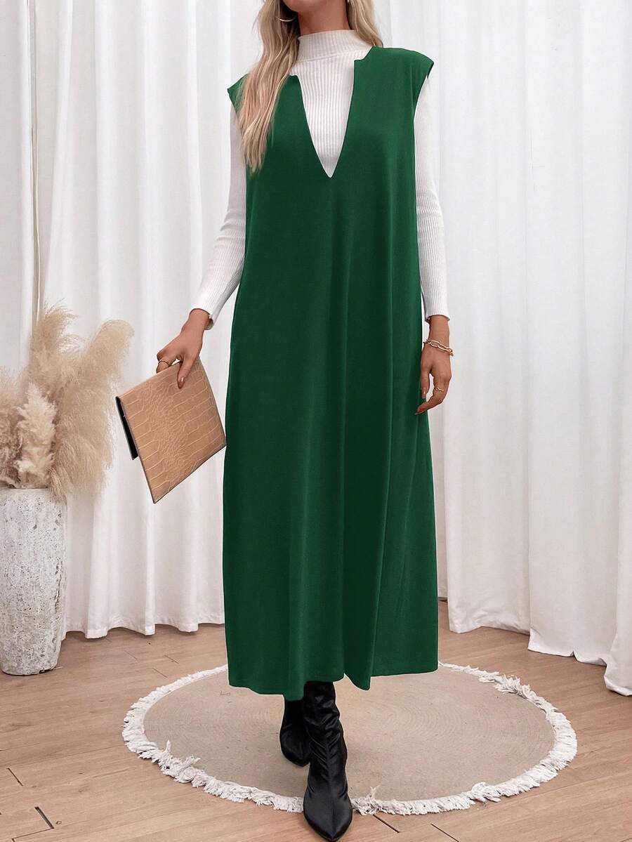 SHEIN LUNE Solid Sleeveless Tunic Dress Without Tee - Green - View 1