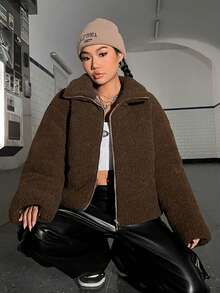 SHEIN EZwear Của phụ nữ Thả vai Shearling Áo khoác bông - Màu nâu  Mocha - Xem 7