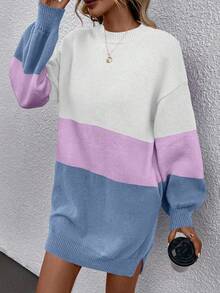 SHEIN LUNE Color Block Drop Shoulder Sweater Dress - Multicolor - View 6