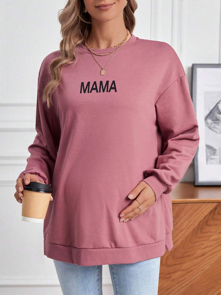 SHEIN Thai sản Đồ họa Chữ cái Thả vai Áo nỉ - Hồng - Xem 1