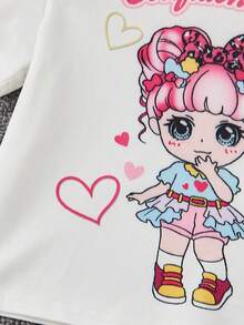 SHEIN Young Girl Cartoon Graphic Contrast Binding PJ Set - Pink - View 4