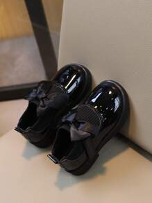 Kids' Comfortable Soft Sole Flat Shoes With Big Bow, Black Pu Leather - Black - View 7
