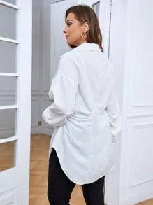 SHEIN Privé Plus Drop Shoulder Ruched Side Shirt - White - View 2