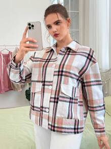 SHEIN EZwear Talla grande Abrigo con estampado de cuadros de hombros caídos - Multicolor - Ver 5