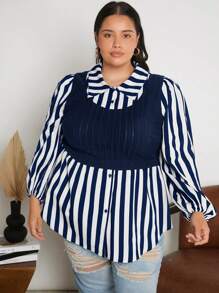 SHEIN CURVE+ Plus Striped Print Lantern Sleeve Curved Hem 2 In 1 Top - Navy Blue - View 4