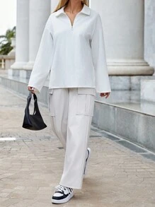 SHEIN Essnce 女士半拉鍊紋理下垂肩t恤 - 灰色 - 查看 4