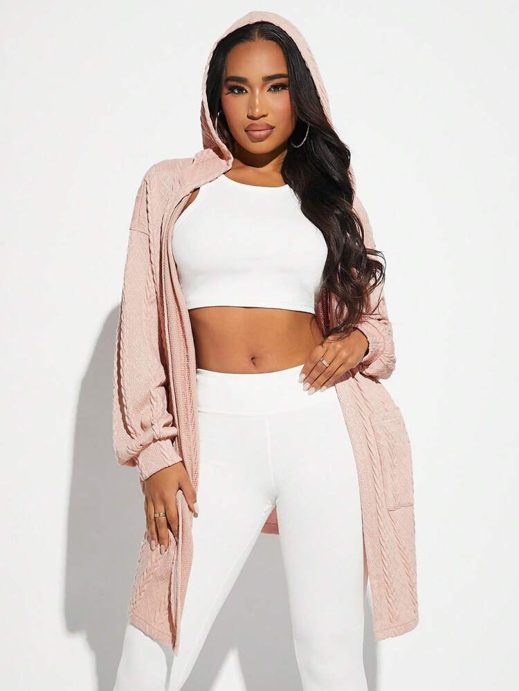 Drop Shoulder Open Front Hooded Coat