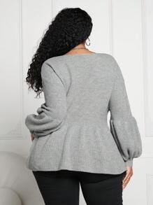 SHEIN CURVE+ 女士大尺碼圓領純色荷葉邊毛衣 - 灰色 - 查看 2