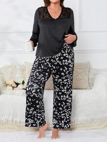 大碼豹紋印花蕾絲拼接睡衣套裝 - 彩色 - 查看 5