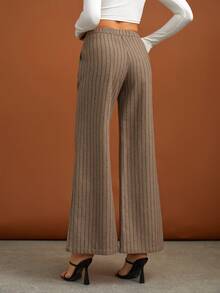 SHEIN Tall High Waist Striped Flare Leg Pants - Khaki - View 2