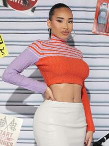 SHEIN SXY Jersey crop con patrón de rayas de cuello alto - Multicolor - Ver 3