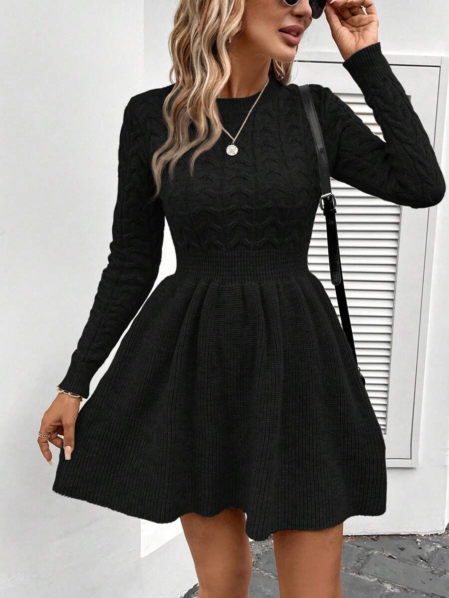 SHEIN LUNE Solid Cable Knit Sweater Dress - Black - View 1