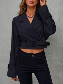 SHEIN Clasi 西裝領帶扣細節短款風衣外套 - 藏蓝色 - 查看 5