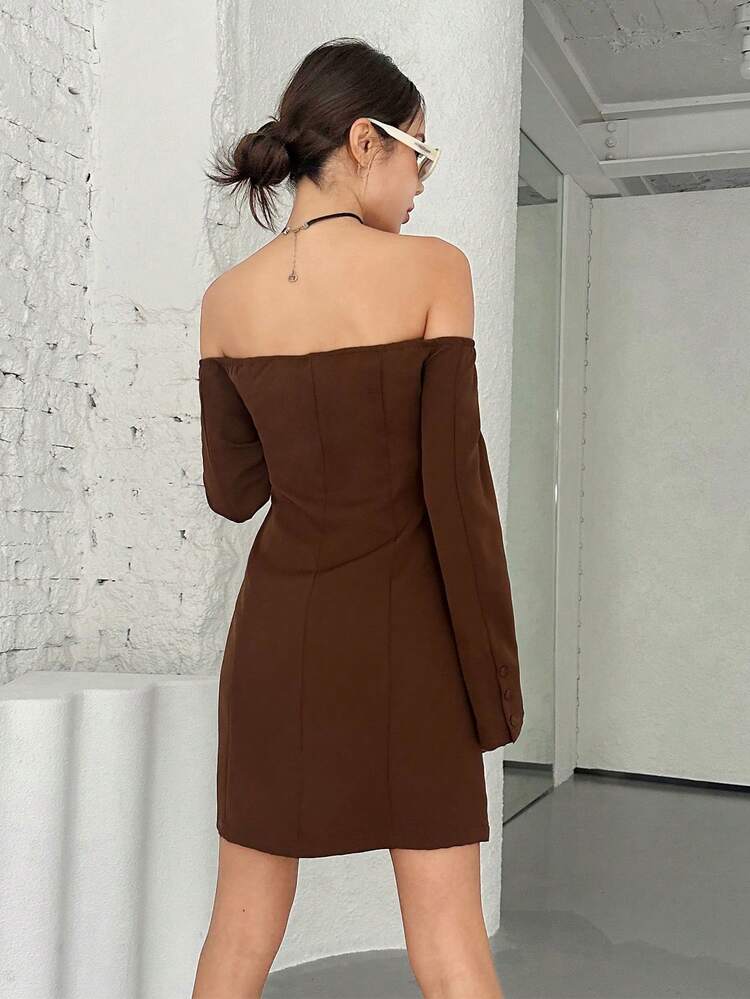 Off Shoulder Button Front Flap Pocket Dress