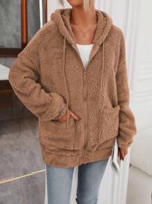 SHEIN LUNE 雙口袋落肩袖抽繩連帽毛茸茸運動衫 - 棕色 - 查看 3