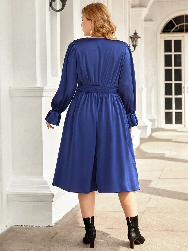 Plus Plunging Neck Flounce Sleeve Dress