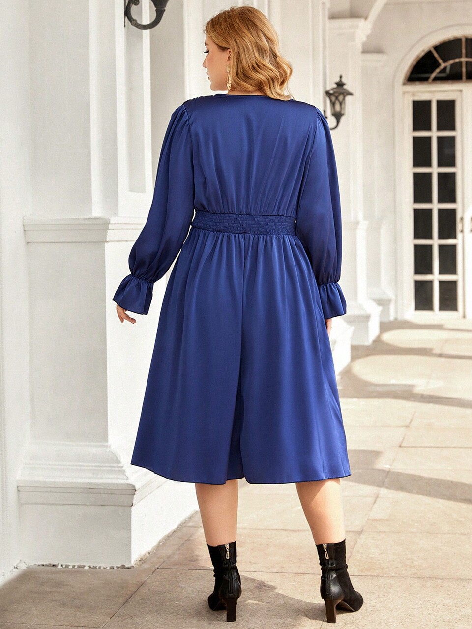 Plus Plunging Neck Flounce Sleeve Dress