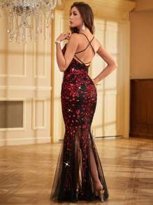 SHEIN Belle 花卉亮片鱼尾下摆礼服宴会礼服婚礼宾客礼服晚礼服 - 彩色 - 查看 2