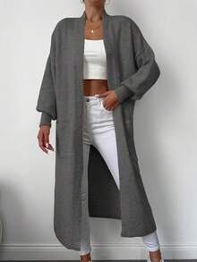 EURMUSE Dual Pocket Drop Shoulder Longline Duster Cardigan - Dark Grey - View 3