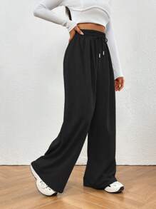 SHEIN LUNE Drawstring Waist Wide Leg Sweatpants - Black - View 4