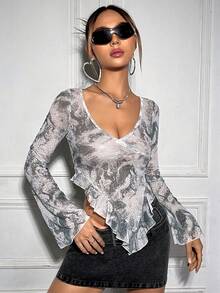 SHEIN ICON Grafiska Tryck Svallande Ärm Asymmetrisk Nederkant med volanger Nät Topp - Svart och Vitt - Visa 4