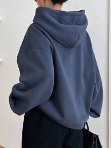 Dazy-Less Sudadera con capucha de manga larga, casual y de unicolor liso con bolsillo - Neblina azul - Ver 2