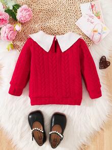 Baby Girl Contrast Collar Cabled Sweatshirt - Multicolor - View 2