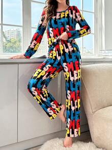 Conjunto de pijama pantalones con camiseta con estampado de letra - Multicolor - Ver 1