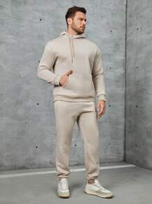 Manfinity Homme Men Kangaroo Pocket Drawstring Hoodie & Sweatpants - Khaki - View 5