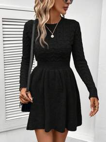 SHEIN LUNE Solid Cable Knit Sweater Dress - Black - View 3