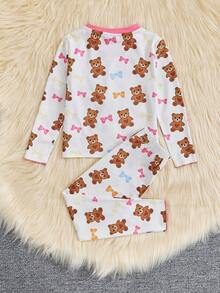 SHEIN Cô Gái Trẻ Gấu & In nơ Tương phản ràng buộc Vừa Khít Bộ PJ - Nhiều màu - Xem 2