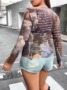 SHEIN ICON 大碼人像圖案拼接蕾絲邊雞心領口網紗上衣 - 彩色 - 查看 2