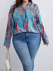Plus Paisley Print Notched Neckline Blouse - Multicolor - View 5