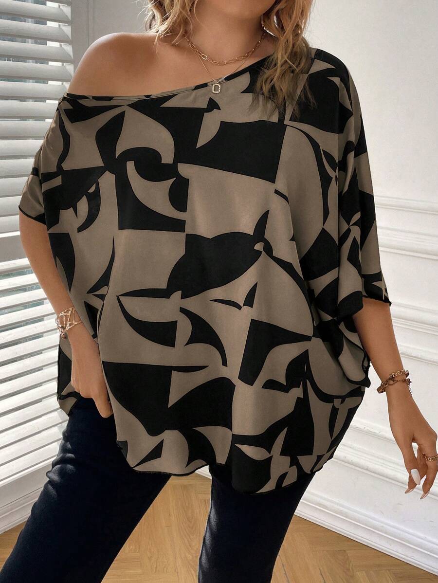 SHEIN Clasi Plus Size  Women's Summer Vacation Printed Simple Daily Shirt/Blouse With Face Print - Brown - View 1