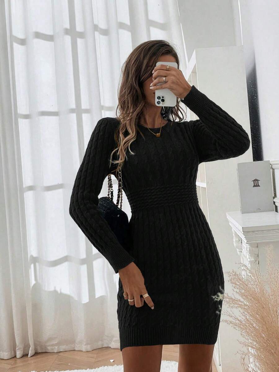SHEIN Clasi Chất rắn Xoắn Dan Đầm Áo len - màu đen - Xem 1