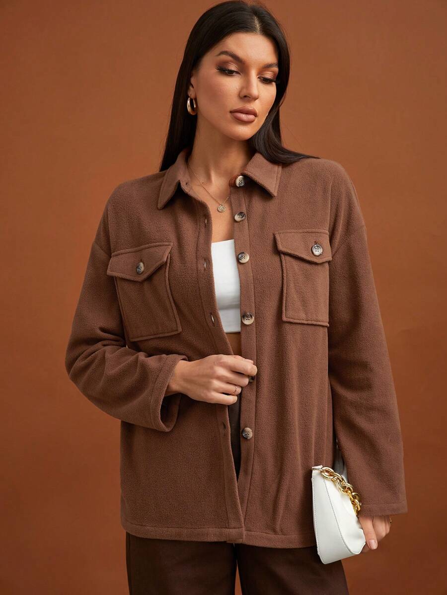 SHEIN Tall Túi có nắp Thả vai Áo khoác - màu nâu - Xem 1