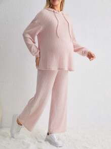 SHEIN Maternity Drop Shoulder Drawstring Hoodie & Adjustable Waist Pants - Pink - View 6