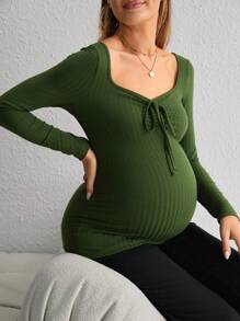 SHEIN Maternity Sweetheart Neck Drawstring Front Tee - Army Green - View 5