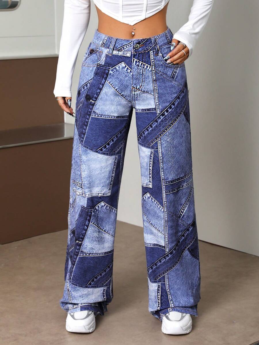 SHEIN ICON 色塊拼接圖案闊腿牛仔褲 - 藍色 - 查看 1